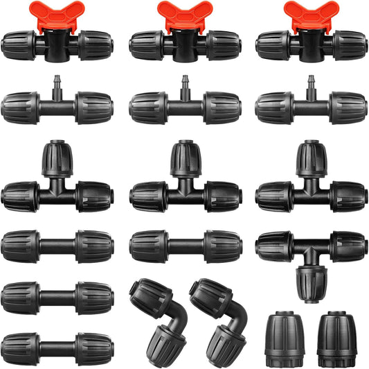 Drip Irrigation Fittings Kit for 1/2 Inch Tubing：1/2'' Drip Line Anti-Drop Barbed Locked Nut Connectors 18 Pieces Set Include 4 Couplings 4 Tees 2 Elbows 3 Valves 3 Reducing Tee 2 Plugs