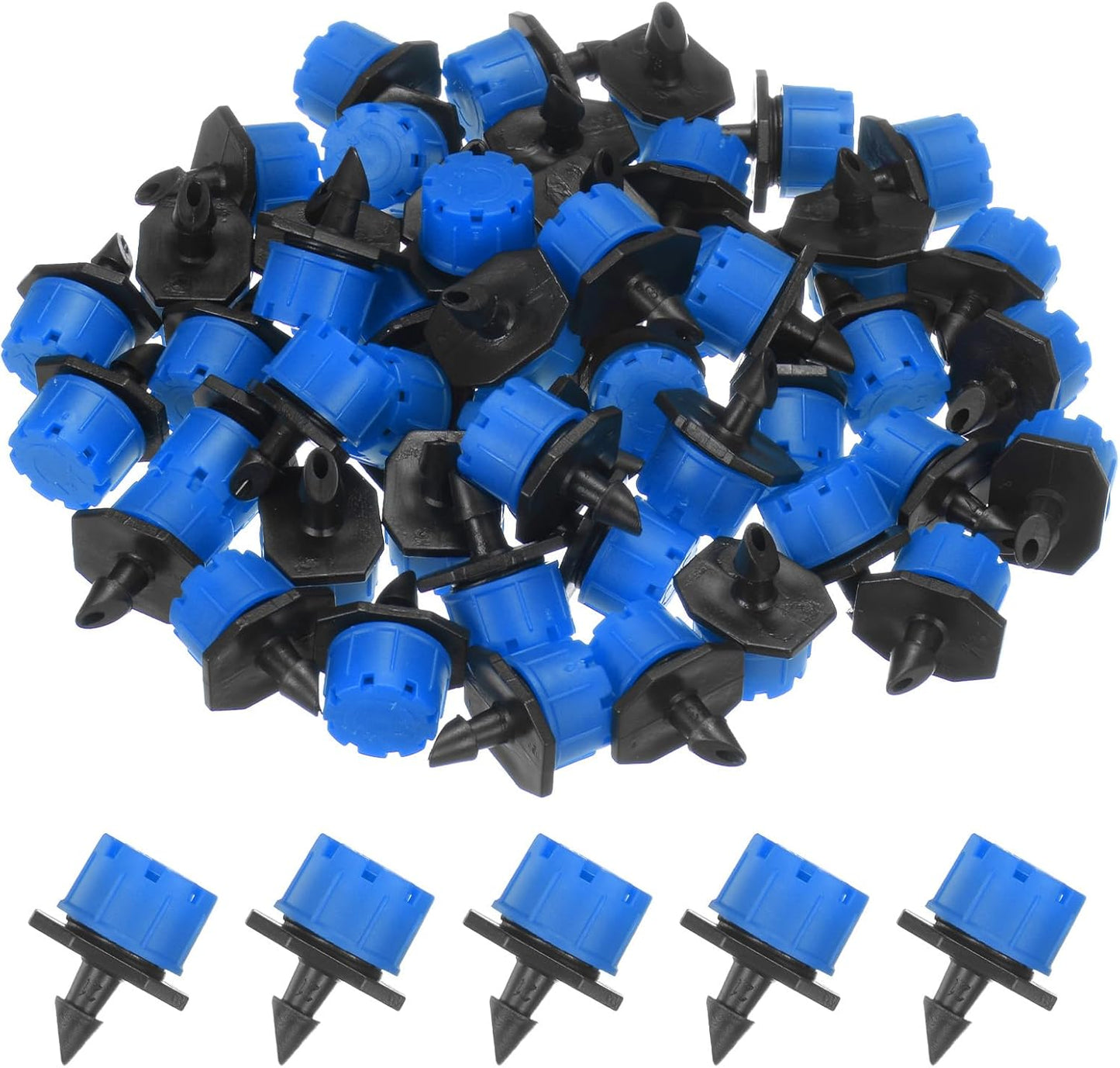 100-Pack 360 Degree Adjustable Irrigation Dripper, 1/4 Inch Barbed Emitter Drip Sprinklers for Garden/Greenhouse/Flower Bed/Watering System, Anti-Clogging Emitters [Blue]