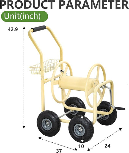 Hose Reel Hold Up To 300 Ft Heavy Duty Garden Hose Reel Sturdy Water Hose Reel Cart with 4 Wheels Storage Basket for Garden Lawn Yard Outdoor (Tan)