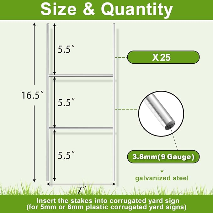 Gtongoko 25 Pack H Frame Yard Sign Stakes Metal, 16.5" x 7" Heavy Duty 9 Gauge Yard Sign Stands for Advertising Board, H Stakes for Custom Garage Sale Sign