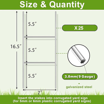 Gtongoko 25 Pack H Frame Yard Sign Stakes Metal, 16.5" x 7" Heavy Duty 9 Gauge Yard Sign Stands for Advertising Board, H Stakes for Custom Garage Sale Sign