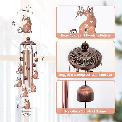 Cat Wind Chimes for Outside, Large Cat Garden Decor Outdoor Wind Chime, Memorial Decor for Women Cat Lover, Kitty Metal 40" Outdoor Windchimes for Lawn, Porch, Patio, Yard, Christmas