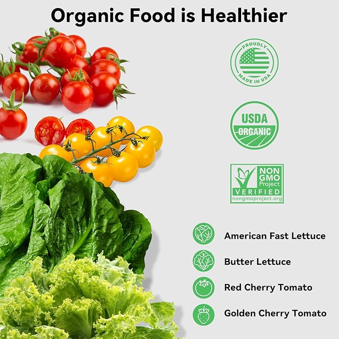 inbloom Organic Salad Green Seed Pod Kit for AeroGarden, Ahopegarden Hydroponics Growing System, Low-Calorie Food, 7-Pods (350+ Seeds, Include Fast and Butter Lettuce, Red and Golden Cherry Tomato)