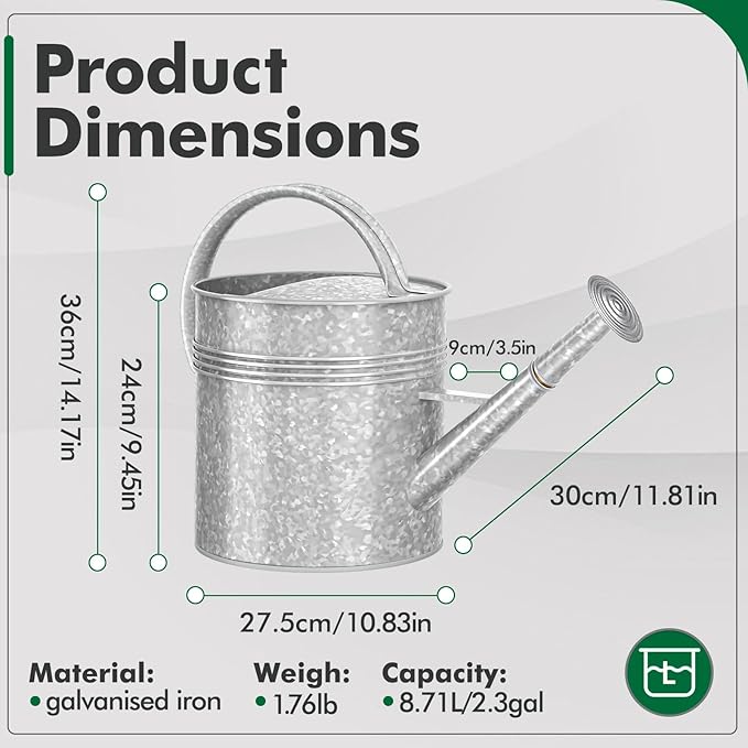 Galvanized Iron Watering Can for Indoor Plants, Oval Watering Cans for House Plant Garden Flower, Long Spout Water Can for Outdoor Watering Plants 9.46L 2.5 Gallon