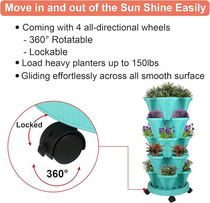 Vertical Planter 5 Tier Stackable Planters Garden Planters Strawberry Herb Flower and Vegetable Planter Indoor Outdoor Gardening Pots with Removable Wheels and Tools
