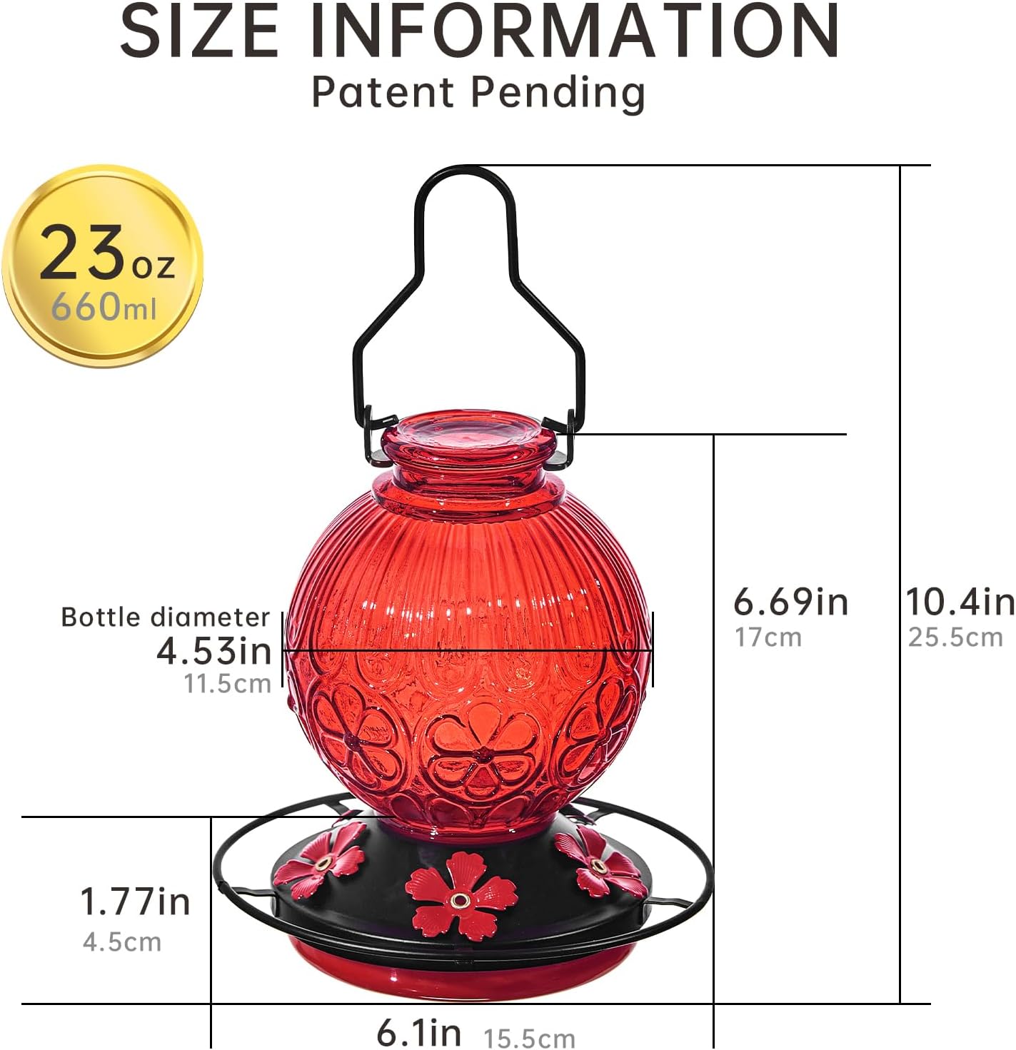 Glass Hummingbird Feeders for Outdoors Hanging, 23Oz Humming Bird Nectar Feeders with Perch, 5 Flower Feeding Ports, Leak Proof Base and Hook for Garden Decor, Gifts for Mom Women (Red)