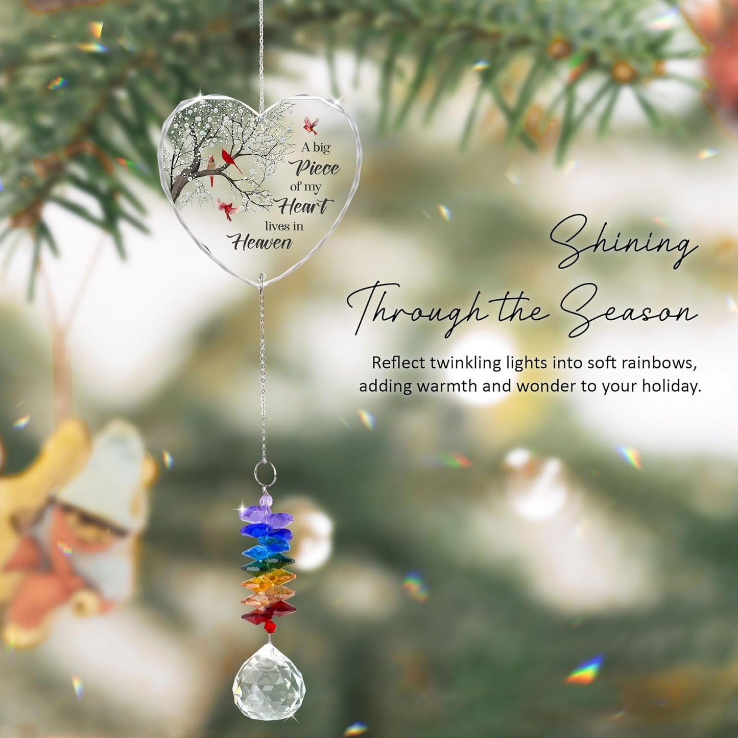 Glass Suncatcher Ornament - A Big Piece of My Heart Lives in Heaven - Sympathy Gifts for Loss of Loved Ones - Christmas Tree Remembrance Hanging Pendant - Crystal Rainbow Maker