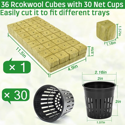 Halatool 36PCS 1.2-Inch Rockwool Cubes with 30PCS 2-Inch Net Cups for Hydroponics Great Hydroponic Kit for Cuttings Clone Plant Propagation Seed Starting & Soilless Cultivation