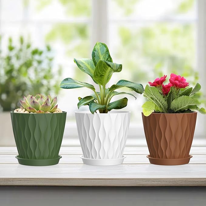 4 Inch Small Pots for Plants, 6 Pack Waffle Texture Small Plant Pots for Succulents, Plastic Planter with Drainage Holes and Saucers for Indoor Outdoor Plants, Flowers, Herbs, Seedlings, Colorful