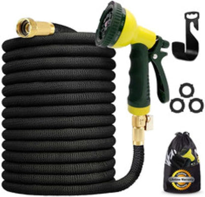 J&B XpandaHose 75ft Expandable Garden Hose with Holder - Heavy Duty Superior Strength 3750D - 4 -Layer Latex Core - Extra Strong Brass Connectors and 10 Spray Nozzle w/Storage Bag (Black 75)