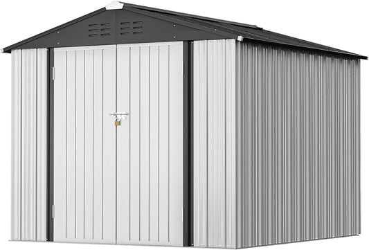 Greesum 8x6FT Outdoor Storage Shed, Utility Tool Shed Metal Storage Garden Shed with Door & Lock for Patio Storage, White