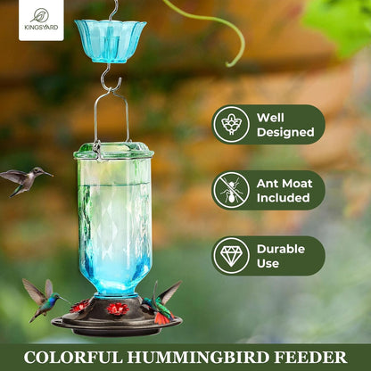 Kingsyard 2 Pack Glass Hummingbird Feeder for Outdoor Hanging, 24 Ounces, 6 Feeding Ports, Bird Nectar Feeder for Garden Décor, Ant Moat Included, Green & Blue