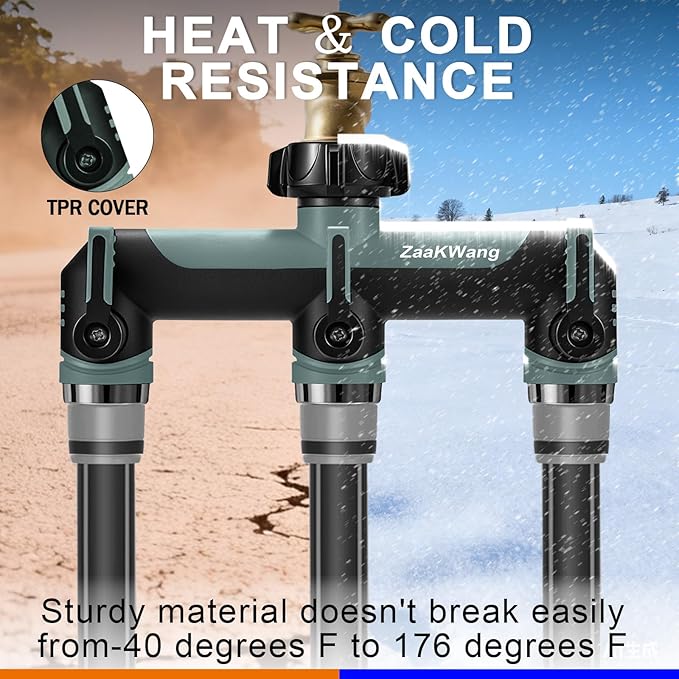 Full Flow Heavy Duty 3 Way Hose Splitter, Rugged Garden Faucet Adapter, Spout Diverter T - Way Adapter with Extended Handle, 3/4” GHT Thread, Grey