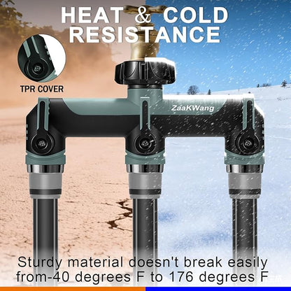 Full Flow Heavy Duty 3 Way Hose Splitter, Rugged Garden Faucet Adapter, Spout Diverter T - Way Adapter with Extended Handle, 3/4” GHT Thread, Grey