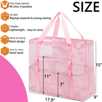 Mesh Beach Bag, Large Beach Tote with Zipper Pocket for Family Pool Bag for Toys & Vacation Essentials