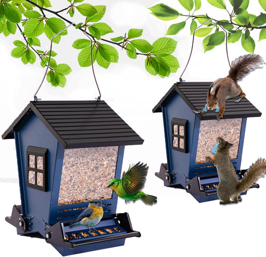 LSCQYYCC-Bird Feeder Squirrel Proof Metal Hanging for Outdoor Wild Bird Seed, with Bilateral Weight-Activated Perches, Large Feeder That Attracts Cardinals, Chickadees, and More Birds-One in Blue