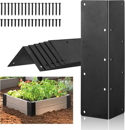 6 Packs Raised Beds Corner Brackets 11 in Metal L Brackets for with Screws Black Angle Corner Bracket Connectors 11" x 3" x 3" for Wood Flower Box Angle Brace Black