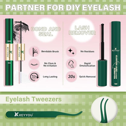 KEYYOU Pixie Lash Clusters Kit Fairy Lash Extension Kit D Curl 144Pcs Eyelash Extension Kit Wispy Natural Invisible Band Lash Kit with Waterproof DIY Lash Extension Kit at Home(Pixie-D-10-16MIX)