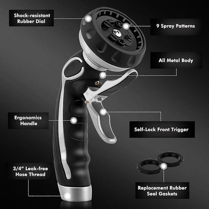 RESTMO Hose Nozzle with Easy Self-Lock Trigger, Heavy Duty Metal Water Hose Sprayer with 9 Spray Patterns and On/Off Valve, Ideal for Outdoor Lawn & Garden Watering, Car & Pet Washing, Silver