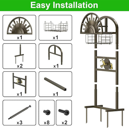 GOFORWILD Garden Hose Holder with Brass Faucet, Freestanding Water Hose Stand with Storage Basket, Detachable Heavy Duty Hose Reel Hanger Holds 150-Feet Hose for Outside Patio Yard Lawn