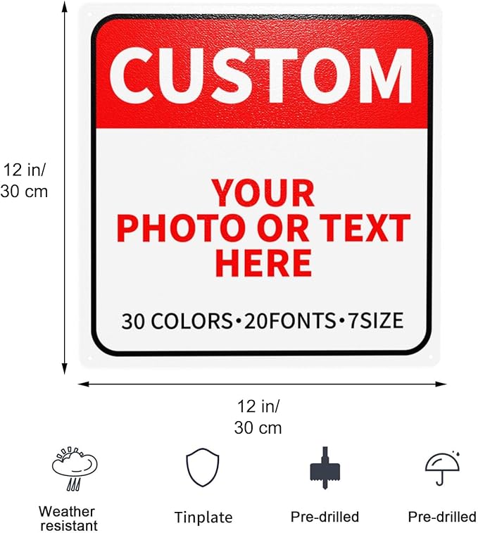 Custom Metal Signs - Personalized for Business, Home, Delivery, Road, Garden, Hazard, Parking, Decorative - 12x12