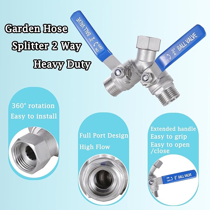 304 Stainless Steel Garden Hose Splitter 2 Way Heavy Duty, Full Flow Garden Hose Y-Valve Hose Splitter with Shutoff Valve, Outdoor Faucet Splitter Hose Connector, 3/4" GHT Threads