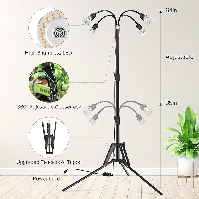 SANSI Grow Lights for Indoor Plants, 40W Full Spectrum LED Plant Lights, 4 Head 35"-64" Adjustable Tripod Standing Plant Lights for Indoor Growing, 4 Pack of Par20 10W Bulb Non-Dimmable Grow Light