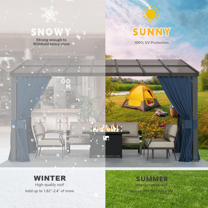 10' x 14' Gazebo，Hard Top Lean to Gazebo Wall Mount Heavy Hardtop Gazebos Outdoor Pergola with Curtains and Netting for Patio Garden Lawn Backyard Deck (Navy)