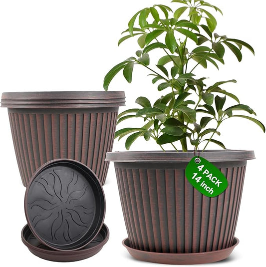 Large-Planter-Indoor-Outdoor Plant Pots, 14 inch 4 Pack Plastic Flower Pots with Saucer And Drainage Holes, Modern Garden Planters For Planting Medium Large Plants， Decorative Resin Garden Pots