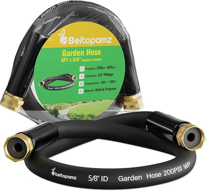 Short Garden Hose 3 ft x 5/8" Female to Female, Heavy Duty Small Water Hose Extend Connector, Leak-Free Connections Hybrid Rubber Leader Hose with 3/4" Double GHT Fittings, Black