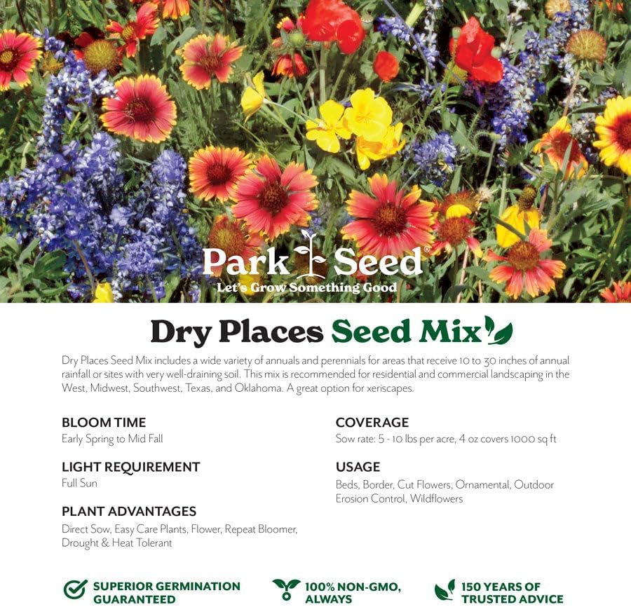 Park Seed Grow Your Own Vibrant Annual and Perennial Wildflower Garden Mixture, Easy to Grow Varieties for Pollinators and Spring Gardens - Dry Places Mix, 50 lbs