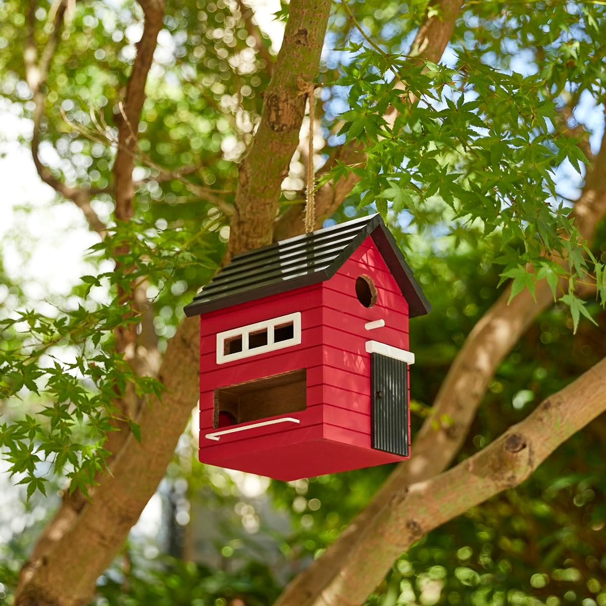 Glitzhome Hanging Bird House for Outside,10.25" H Modern Hand Painted Wooden Bird Houses for Outdoors, Functional and Decorative Bluebird Birdhouses Outdoor Garden Birdhouse, Red