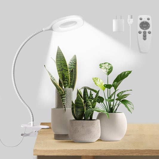 Grow Lights for Indoor Plants Full Spectrum, Clip On Plant Light for Small Plants, Plant Lamp with Adjustable Gooseneck, 4/8/12H Timer, 3 Color Adjustable & 10 Dimmable Brightness, Remote Control