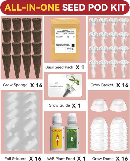 LYKOCLEAN Hydroponic Seed Pod Kit Compatible with AeroGarden, Ahopegarden, iDoo, MUFGA, 16 Pods Complete Growing Anything Garden Supply with Strawberry Seeds, Grow Sponges, Baskets, Domes, Labels