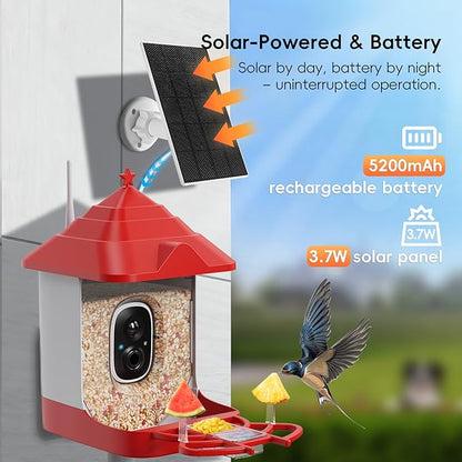 Smart Bird Feeder with Camera, Solar Panel & 5200mAh Battery, 4K HD Video, AI Identification, Instant Arrival Alerts & Alarm, IP65 Weatherproof, 32GB Card, 2L Capacity, Bird Lover’s Smart Companion