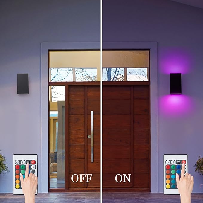 10" RGB Modern Outdoor Wall Light Color Changing Outdoor Sconce Lights with Remote Control or App Control, Black Up and Down Exterior Lighting Fixtures for House Garage Patio Porch