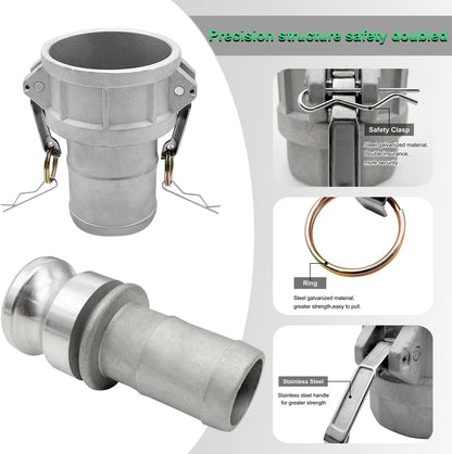 SAFBY 2PCS 2 inch Type C and Type E, Pin Lug, Aluminum Cam Lock Fittings Cam Groove Camlock, Male and Female Adapter with Hose Fitting 2PCS Whip Stop Hose Restraint 6PCS Hose Clamps