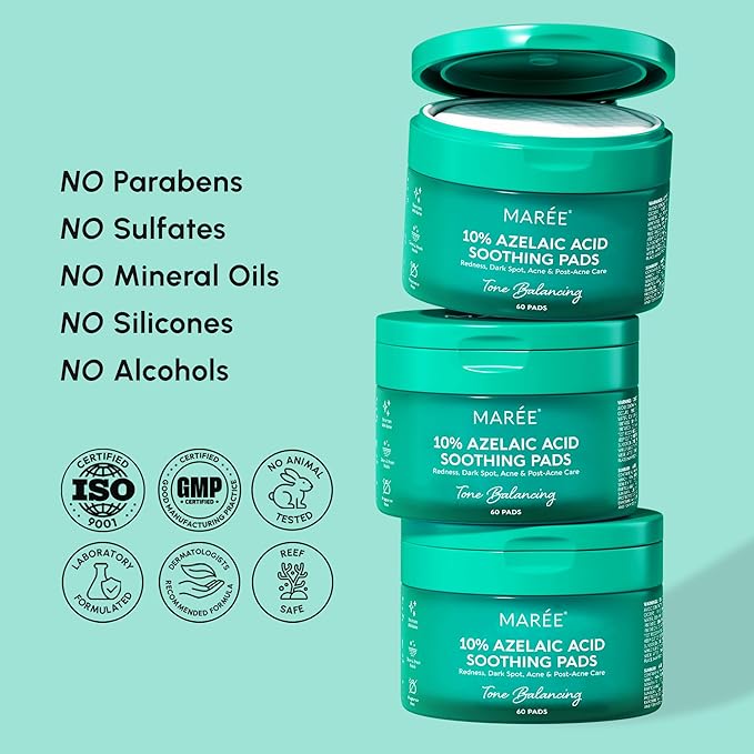 MAREE Azelaic Acid Toner Pads – Exfoliating Pads with Glycolic & Hyaluronic Acid for Face – 10% Azalecic Acid & Centella Redness Soothing Pad – Zero Pore Facial Acne Care Toning Pad – Acido Azelaico