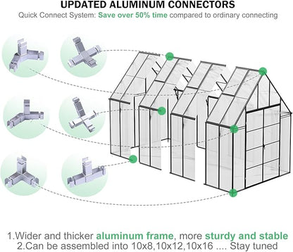 CDCASA 10x16x10 FT Greenhouse for Outdoors, Large Thicker Aluminum Polycarbonate Greenhouses w/3 Vents Window, Swing Door & Quickly T Connector Walk-in Green House for Outside, Backyard, Garden