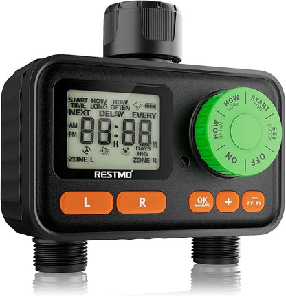 RESTMO 2 Zone Sprinkler Timer, Programmable Water Timer for Garden Hose, Automatic Control | Manual ON/Off | Rain Delay for Outdoor Faucet, Drip Irrigation and Lawn Watering System