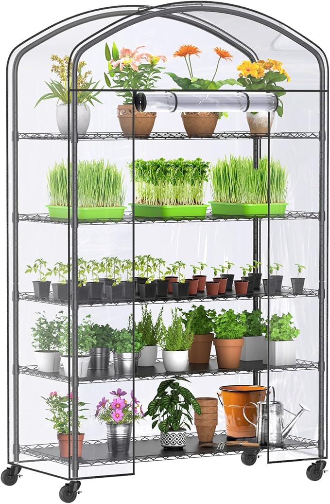 Abimars 5-Tier Greenhouse with Caster Wheel, Each Shelf Height Adjustable Metal Plant Shelf with PVC Cover for Seed Starting Trays, Seedling Pots, Plant Pots, 21x49x80inch
