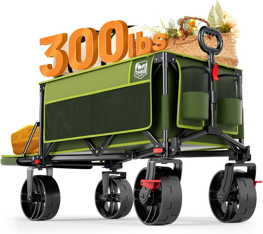 TIMBER RIDGE Beach Wagon with Tailgate, 300lbs Heavy Duty Collapsible Wagon with All-Terrain Big Brakes Wheels, Foldable Utility Cart for Sand Sports Shopping, Green