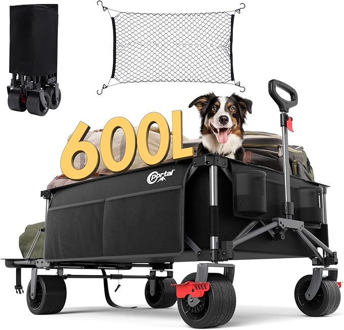 Portal 26" Extra Wide 55" Long Foldable Wagon with Tailgate, Large 600L Collapsible Wagon with Cargo Net, 500 LBs Heavy Duty Utility Cart with Big All-Terrain Wheels for Beach, Camping, Sports, Dogs