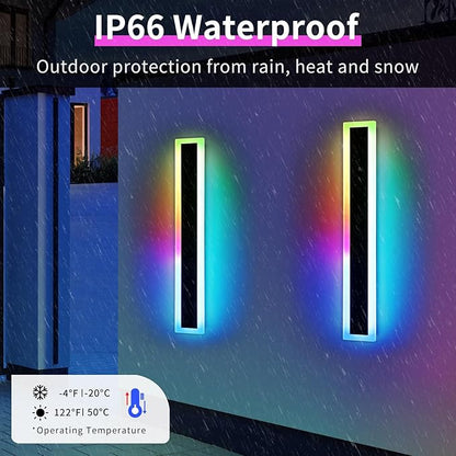 Widened 2 Pack Modern Outdoor Wall Sconces, 31.4inch RGB Dimmable LED Lights, IP65 Waterproof, 10 Colors, 5 Modes, Black Linear Exterior Lighting for Patio, Yard, Garage with Remote Control
