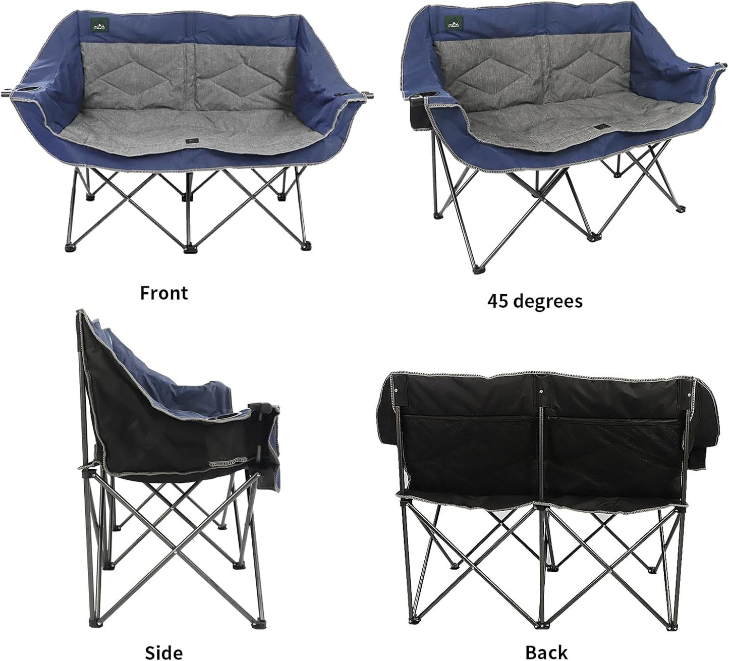 Northroad Folding Loveseat Camping Chair Portable Double Duo Full Padded Garden Chair for 2 Person Sofa w/2 Cup Holder,Wine Glass Holder,Support 600lbs for Picnic Beach Travel (Blue)