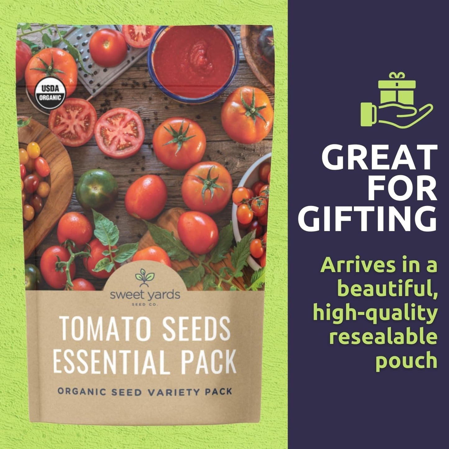 Organic Tomato Seeds Variety Pack - 5 Individual Packs - 2025 Season - Roma, Beefsteak, Cherry, Black Krim & Pineapple. for Indoor & Outdoor Planting (Non-GMO, Certified Organic)