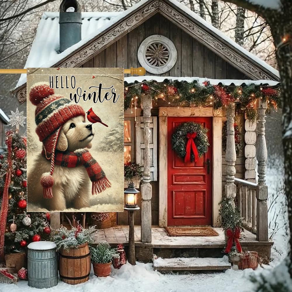 Hello Winter Dog Garden Flag 24x40 Vertical Double Sided Cardinal Bird Snow Christmas Holiday Outside Decorations Burlap Yard Flags (RMQ-58D, 24"X40")