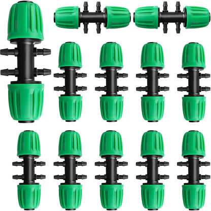 Barbed Tee 1/2 Inch to 1/4 Inch Irrigation Tubing: Locked Barbed Reducing Tee 6-Way Adapter Anti-Drop Irrigation Fittings for Splitting 1/2" to 1/4" Drip Line System Parts (12 Pack)