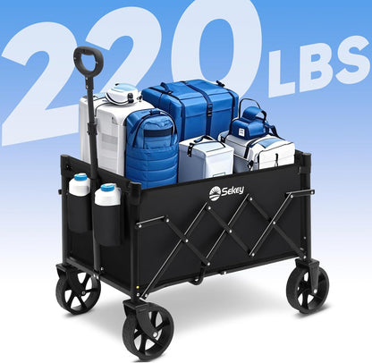 Sekey Heavy Duty Wagon with Big Wheels, Foldable Cart with 220LBS Capacity, Utility Lightweight Wagon, Collapsible Grocery Shopping Cart for Camping Sports & Holiday. Black