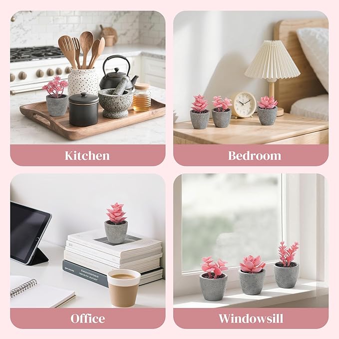 DomeStar 6PCS Small Fake Succulents Plants, Pink Artificial Plants Office Living Room Kitchen Bathroom Decor Desk Decor for Women